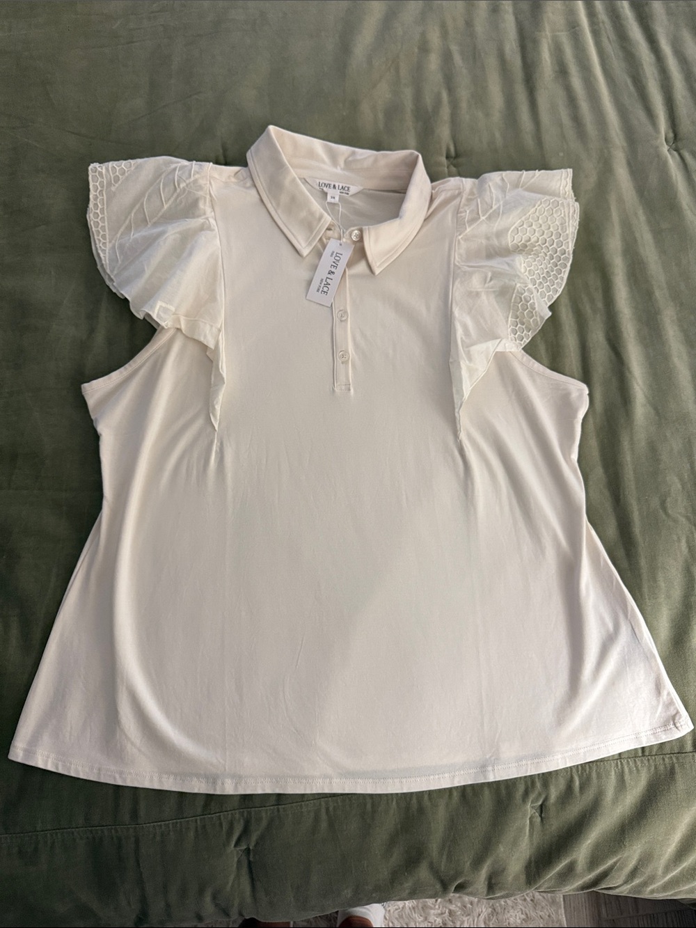 Cream Ruffle Sleeve Polo Top